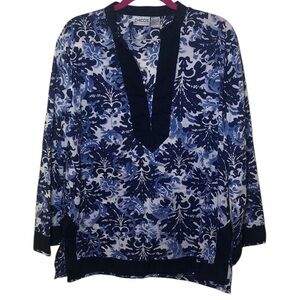 Chico's Tunic Top Blue White V-neck Long Sleeve Cotton Size 2 L